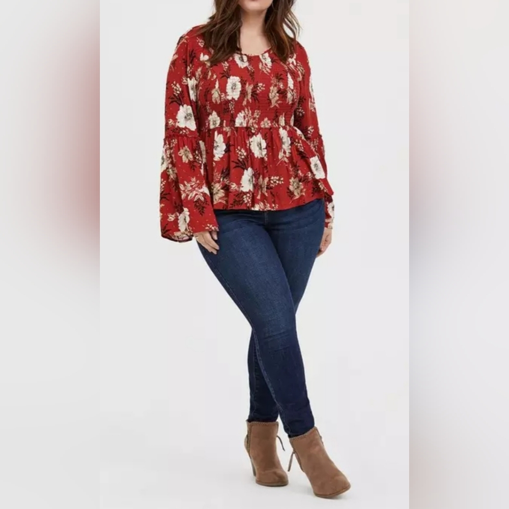 2X TORRID Burnt Orange Smocked Floral Bell Long Sleeve Blouse